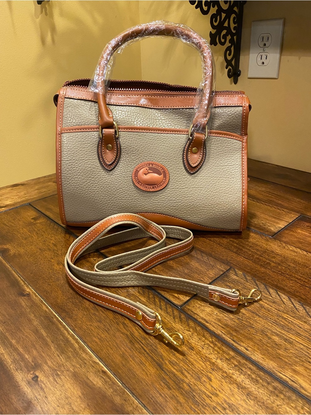 Vintage Dooney & Bourke Pebbled Satchel Bag in Beige and Tan
